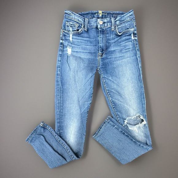 7 For All Mankind Jeans Women’s Size 26 The Ankle Skinny Leg Blue Distressed - Picture 1 of 10